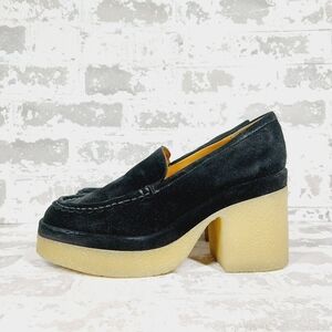 NEW Marc Fisher Black Suede Lina Chunky Platform Heeled Loafers A378